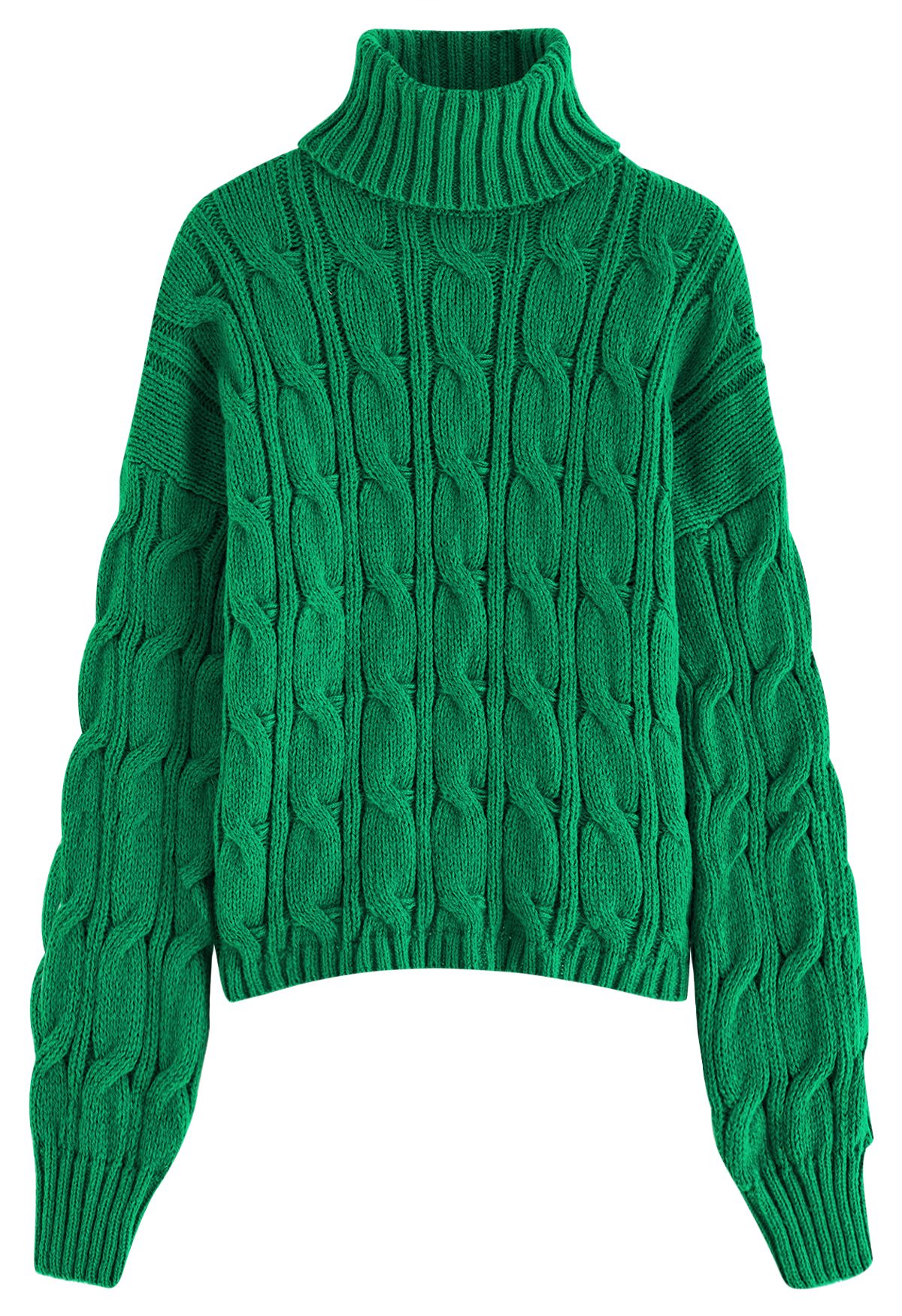 Turtleneck Braid Knit Sweater in Green