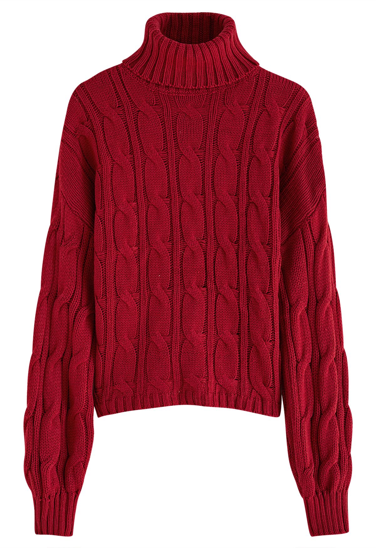 Turtleneck Braid Knit Sweater in Red