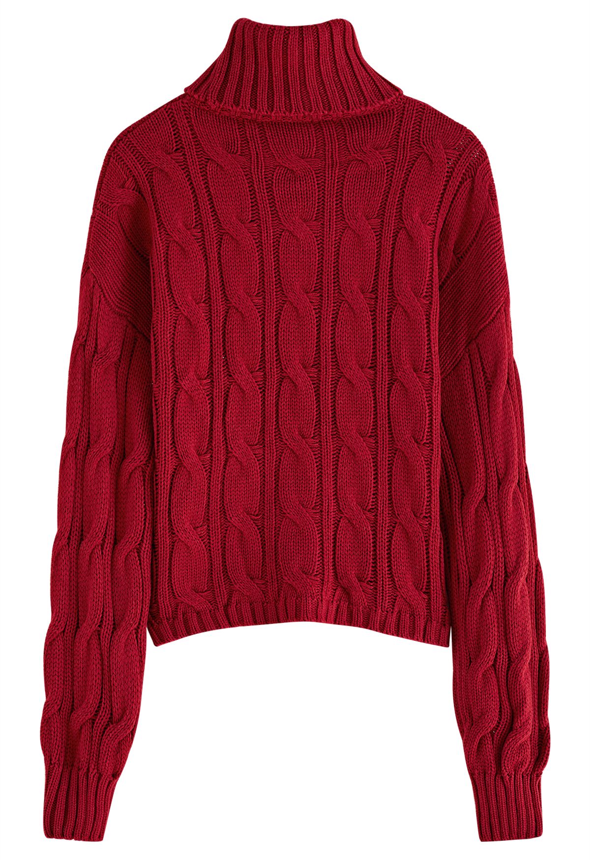 Turtleneck Braid Knit Sweater in Red