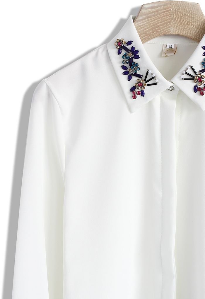 Beads Embellished Collar White Shirt