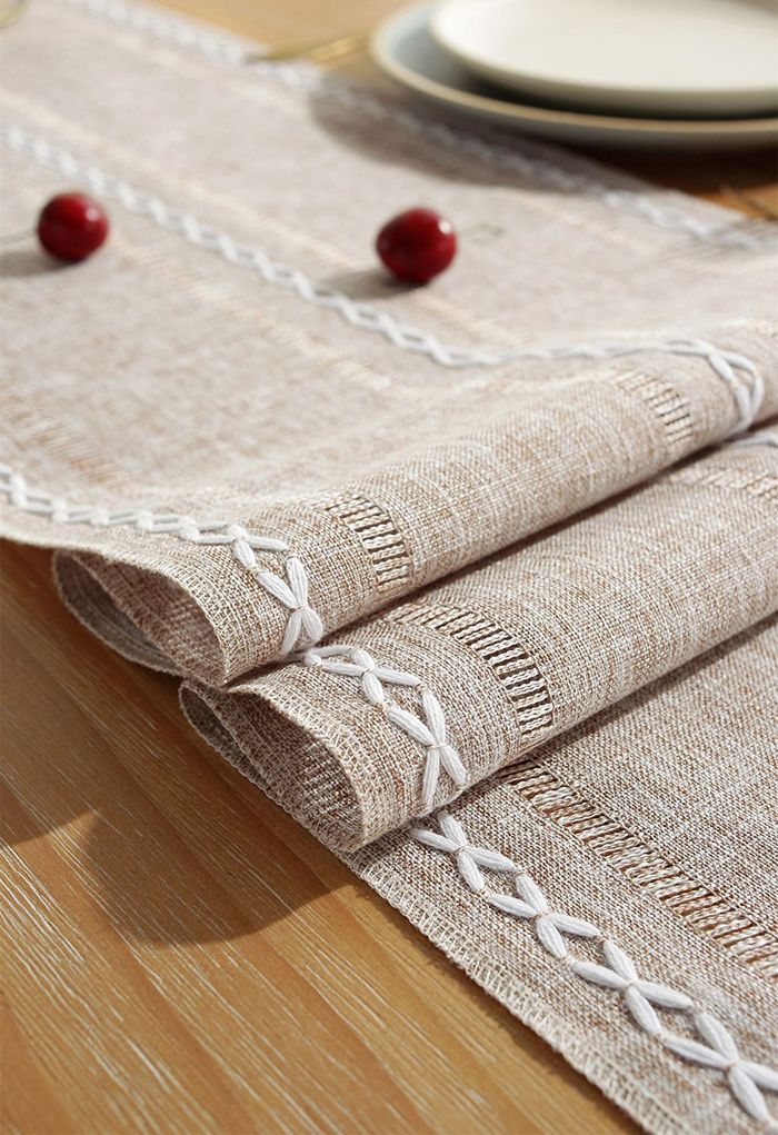Cutwork Linen Fabric Tassel Edge Table Runner in Khaki