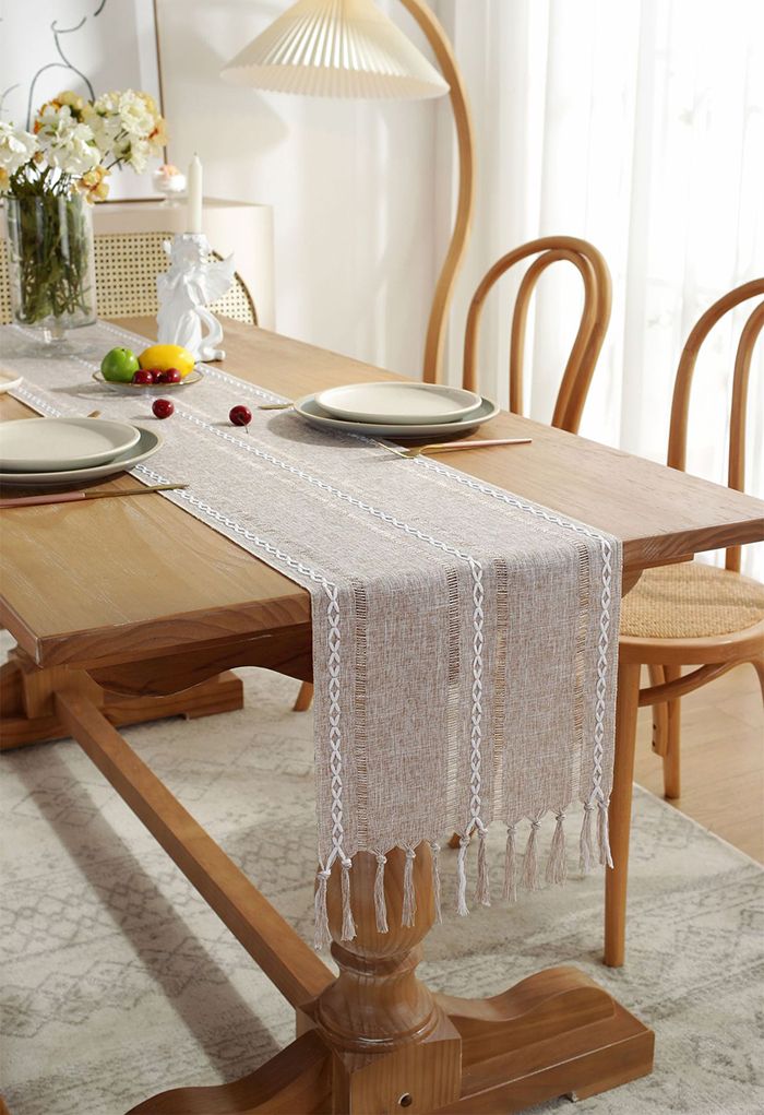 Cutwork Linen Fabric Tassel Edge Table Runner in Khaki