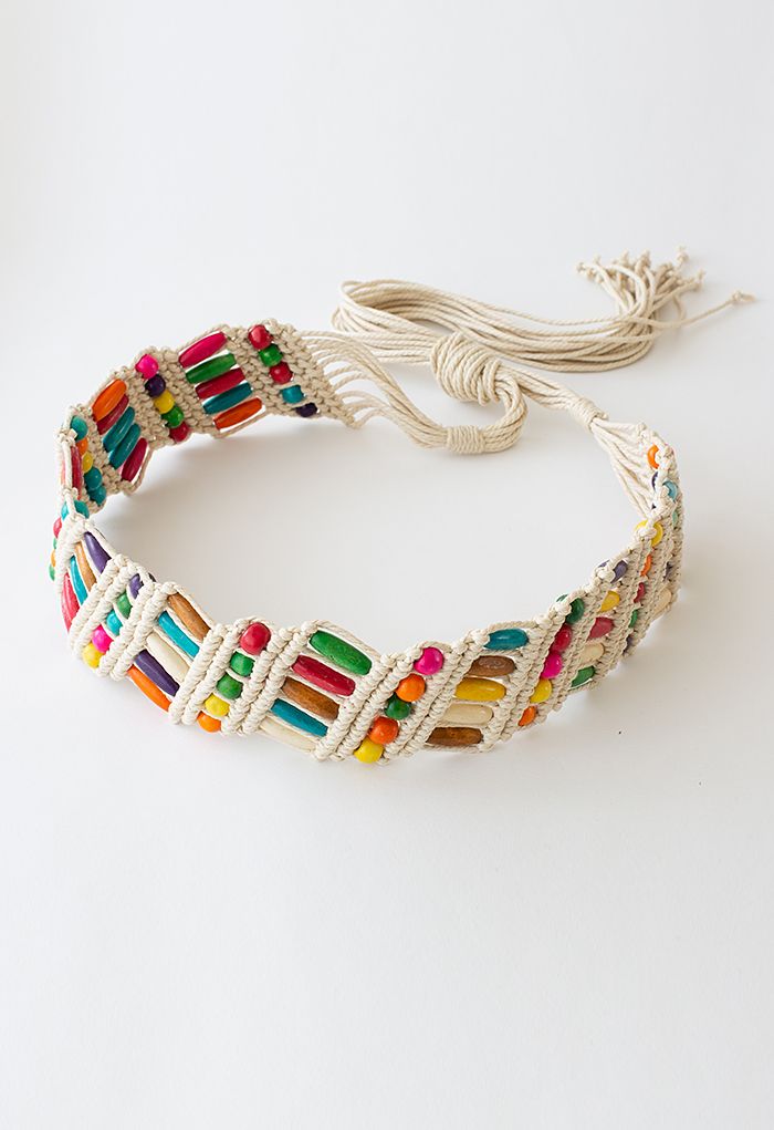 Colorful Wooden Bead Woven Belt in Ivory