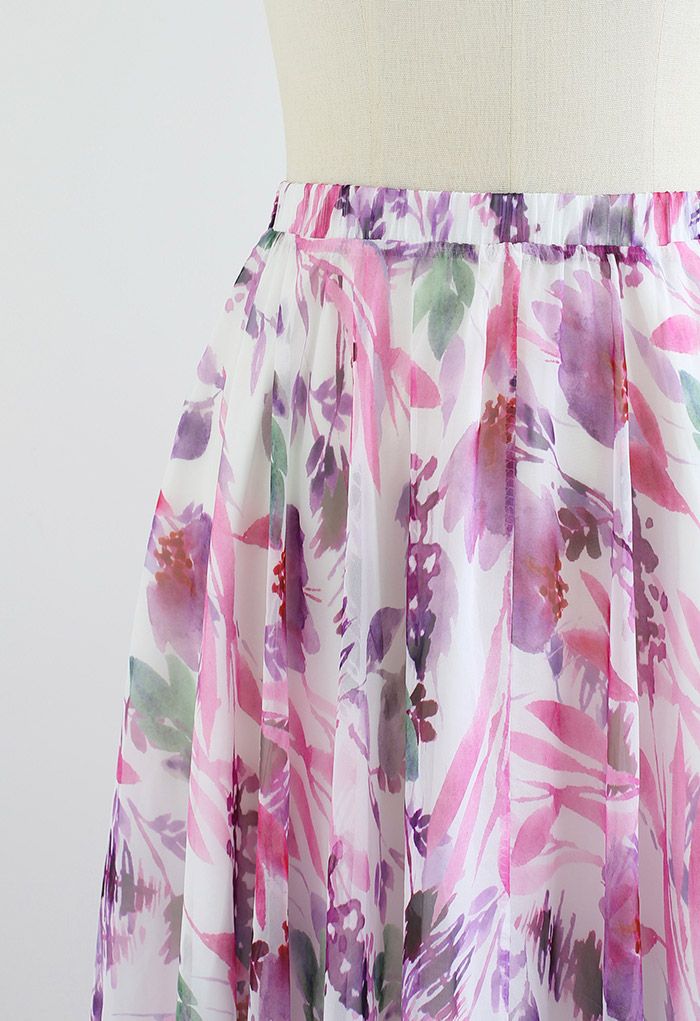 水彩風花柄シフォンマキシスカート