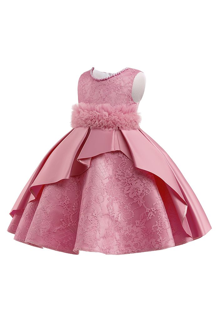 【子供服】花柄レースラッフルチュールプリンセスドレス ピンク