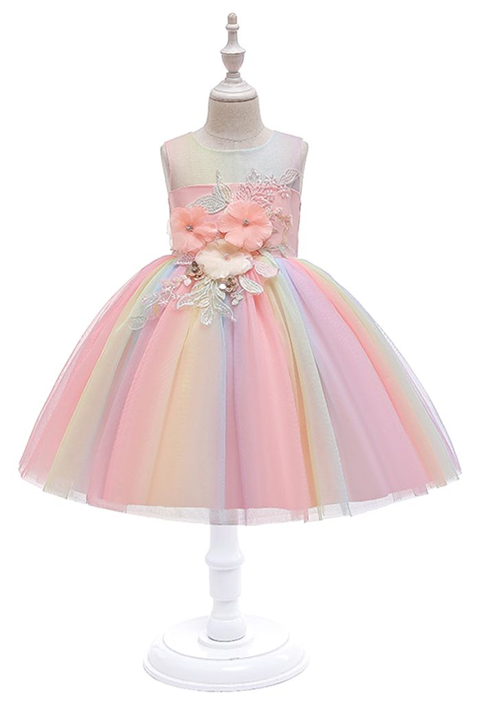 【子供服】花モチーフパステルチュールプリンセスドレス ピンク