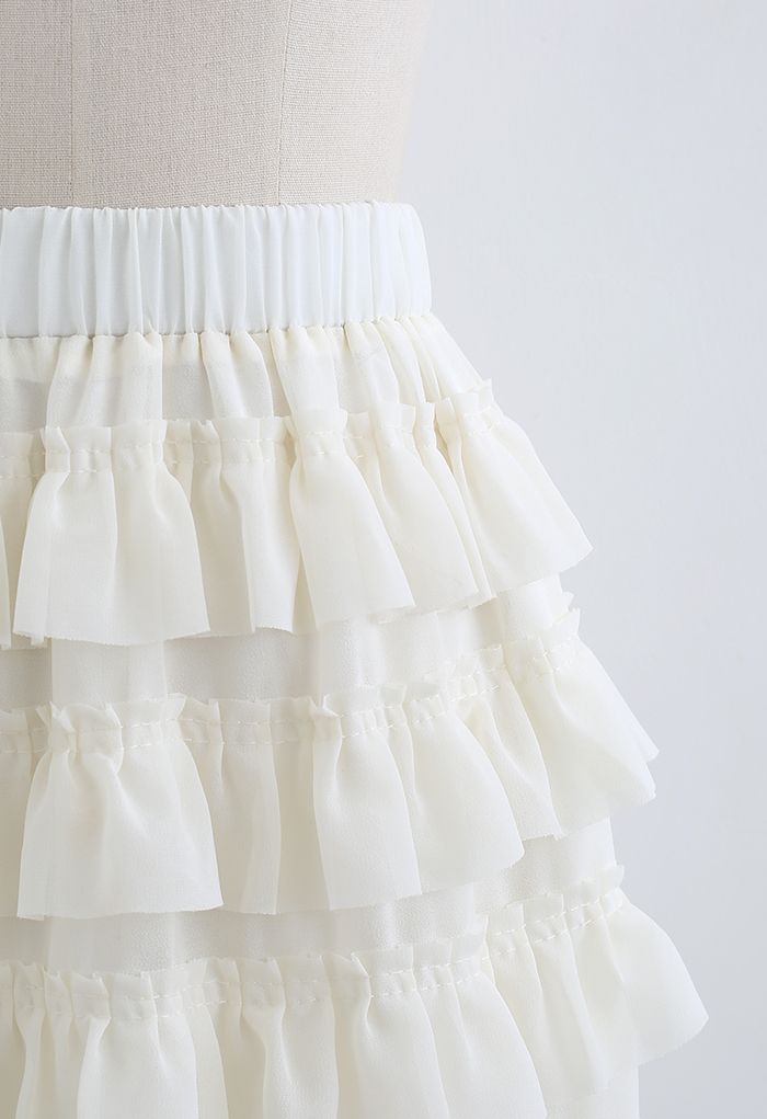 Tiered Ruffle Chiffon Skirt in Ivory