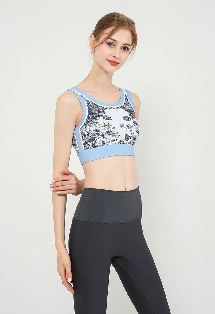 Black Sketch Cutout Back Sports Bra in Baby Blue