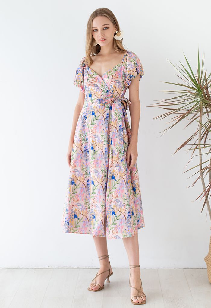 Floral Painting Wrap Dress in Pink