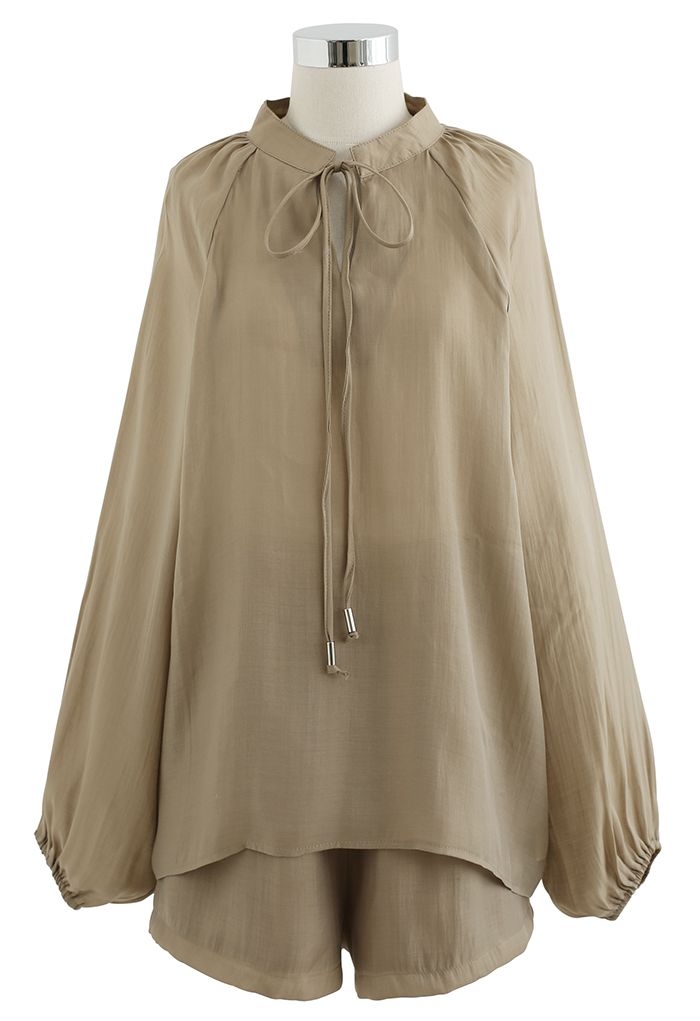 Athleisure Puff Sleeve Shirt and Flare Shorts Set in Khaki