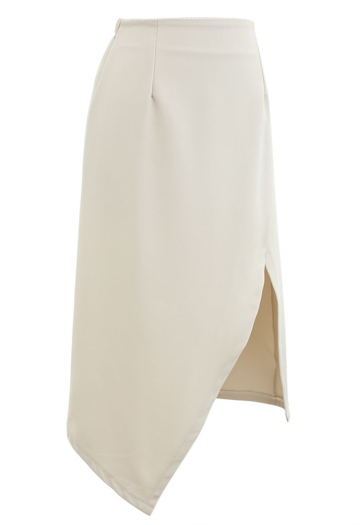 Slit Hem Asymmetric Pencil Skirt in Ivory
