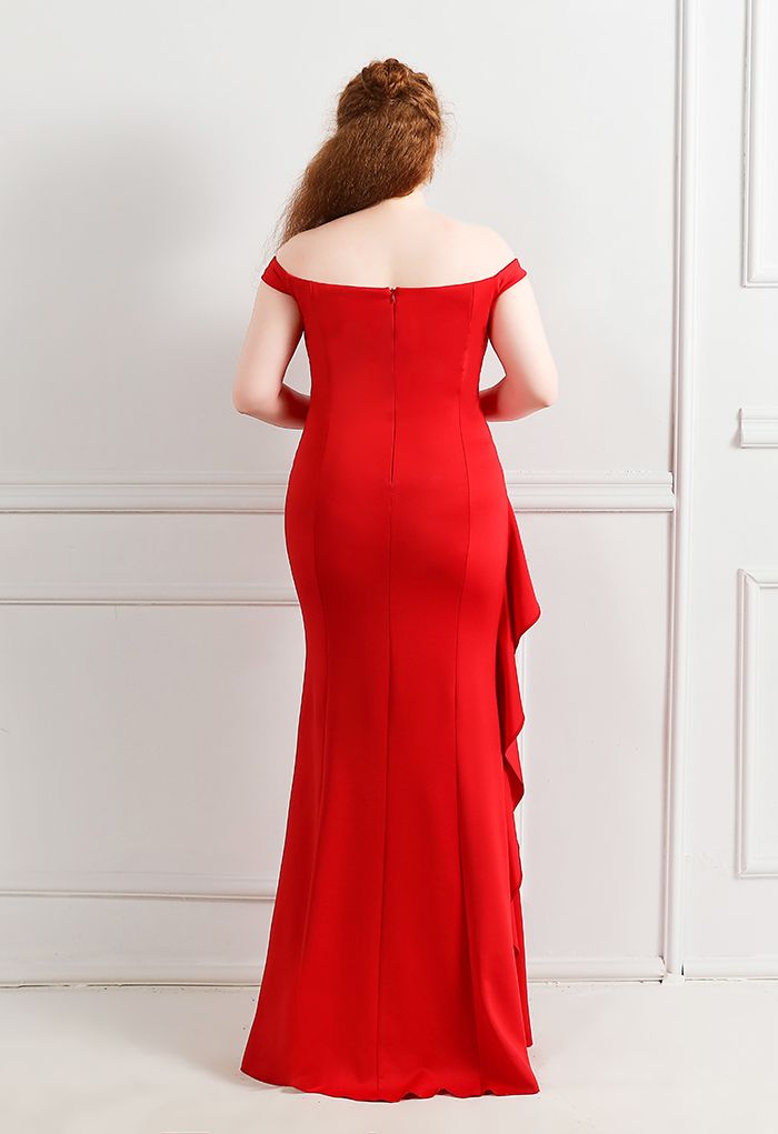 Off-Shoulder Cascade Ruffle Split Satin Gown in Red