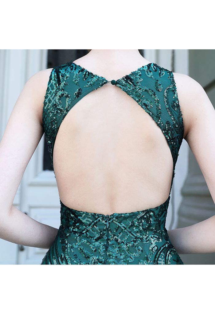 Open Back Flower Lattice Sequined Gown in Emerald