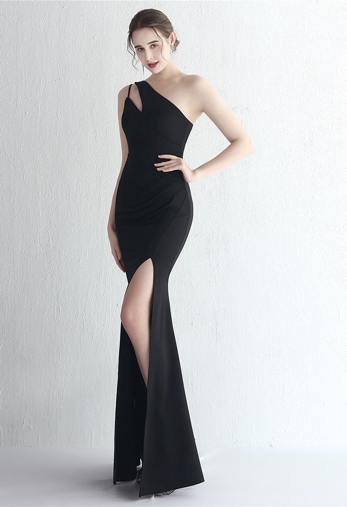 Cutout One-Shoulder Split Gown in Black