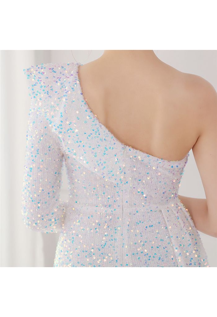 Ruffle One-Shoulder Colorful Sequin Cocktail Dress in White