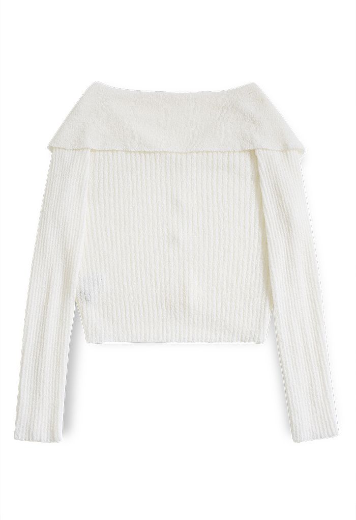 Giant Flap Collar Knit Crop Top in White