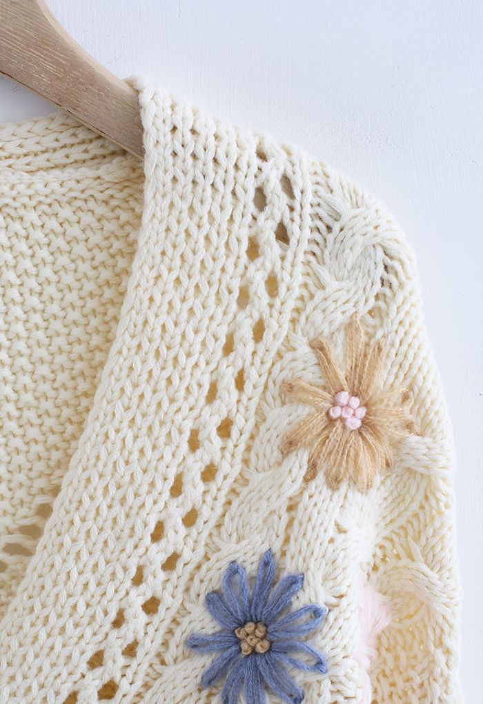 Stitched Flowers Braided Hand Knit Cardigan in Cream