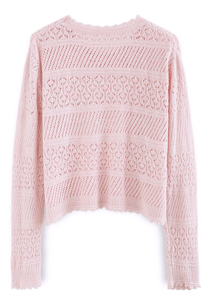 Scalloped Edge Hollow Out Knit Top in Pink