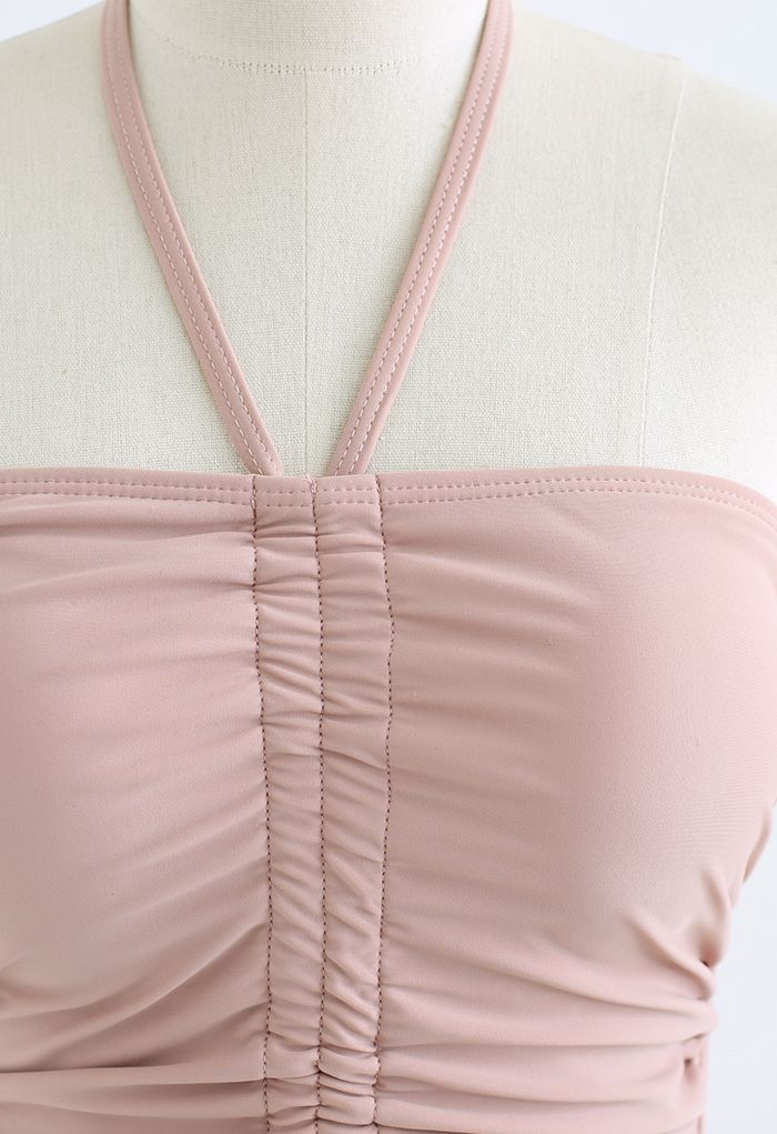 Halter Neck Ruched Front Swimsuit in Nude Pink