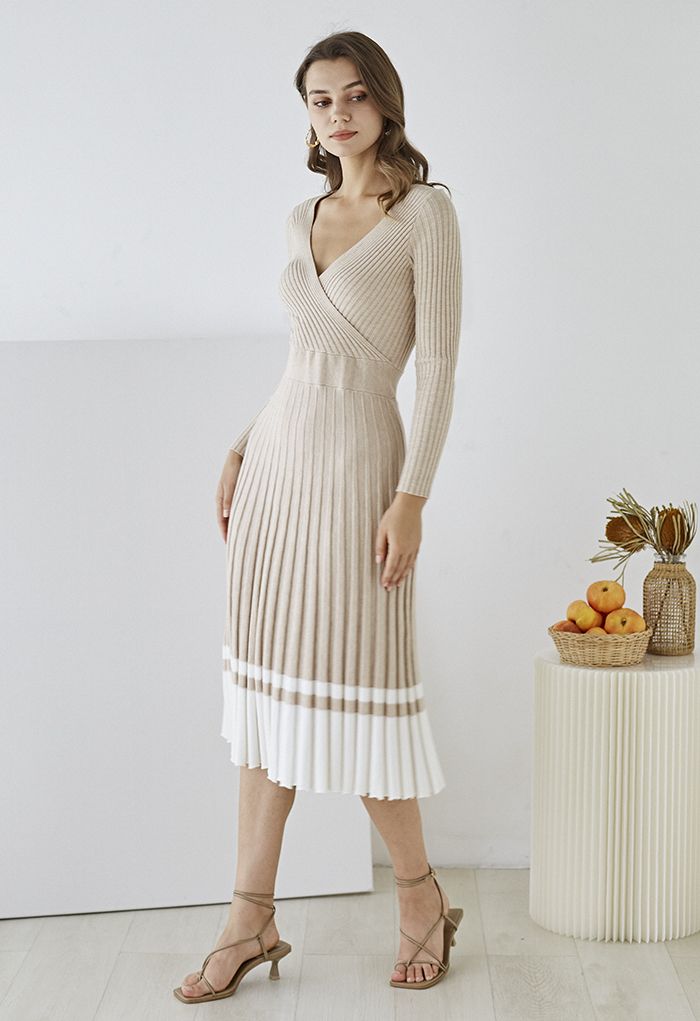 Soft Knit Contrast Hem Wrap Midi Dress in Camel