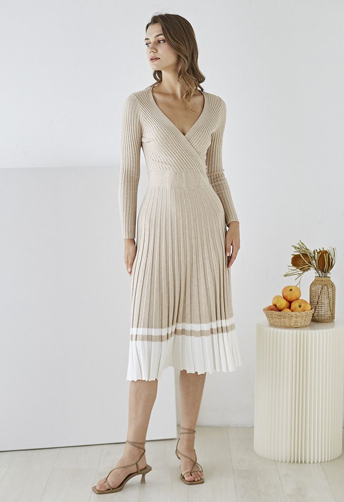 Soft Knit Contrast Hem Wrap Midi Dress in Camel