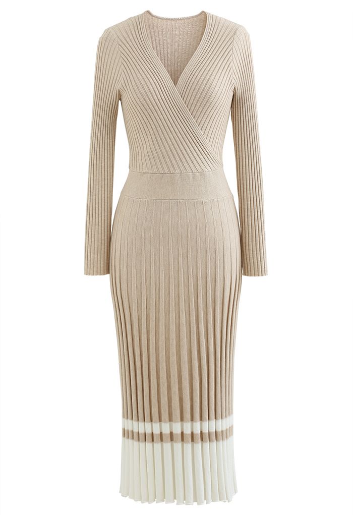 Soft Knit Contrast Hem Wrap Midi Dress in Camel