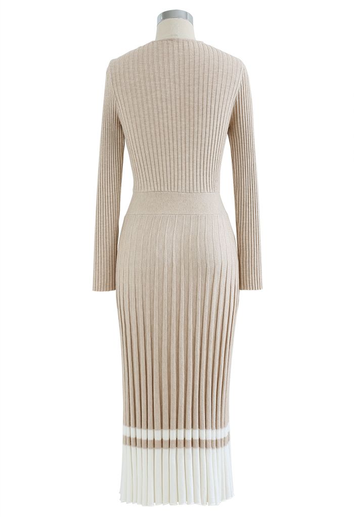 Soft Knit Contrast Hem Wrap Midi Dress in Camel