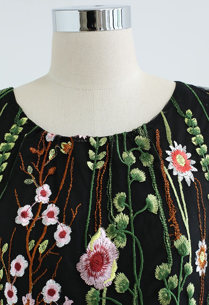 「咲いた野の花」刺繍 メッシュ マキシワンピース ブラック