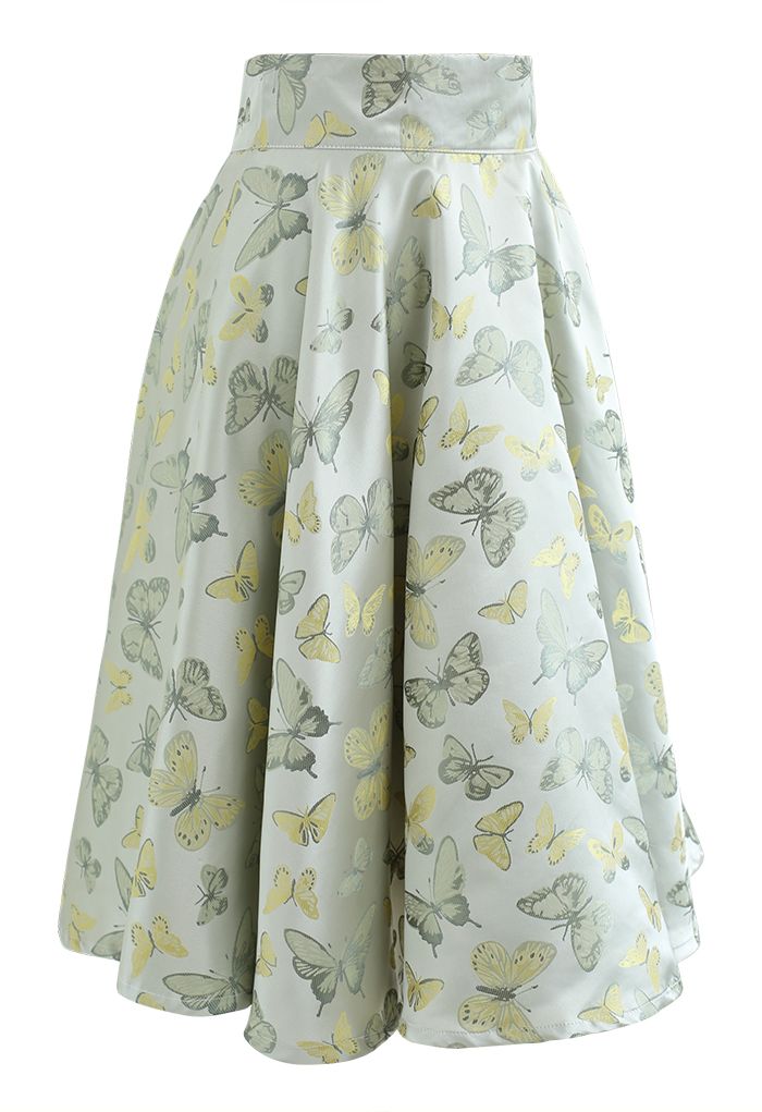 Butterfly Jacquard A-Line Midi Skirt in Light Green
