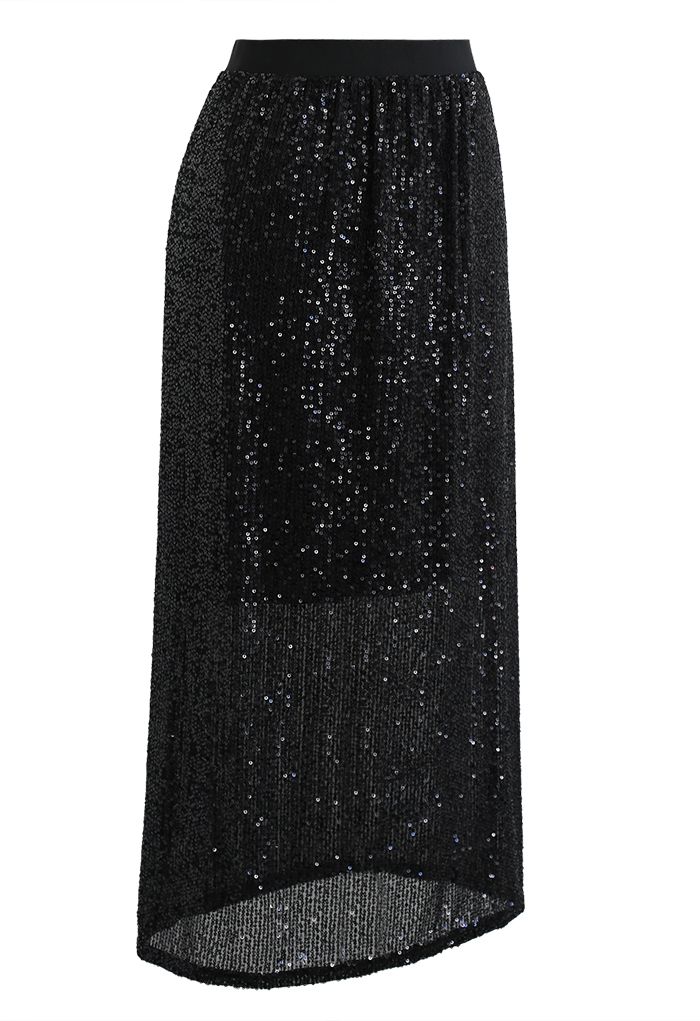 Glittery Sequin Slit Pencil Skirt in Black