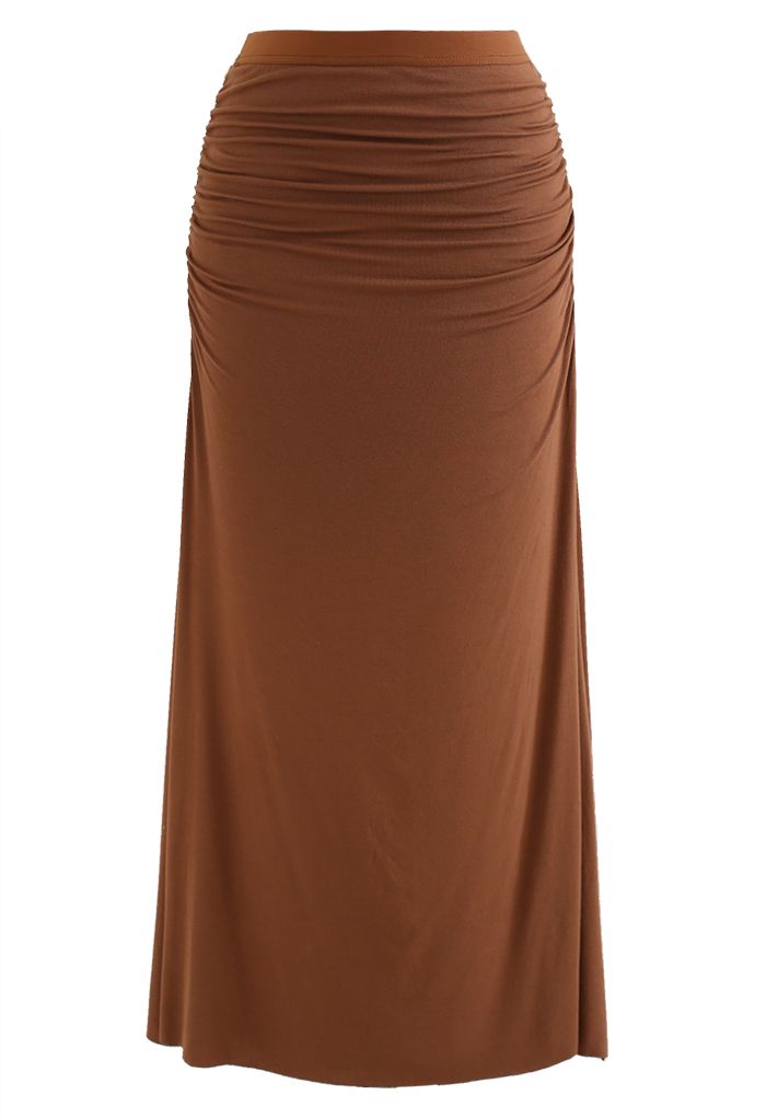 High Waist Ruched Detail Maxi Skirt in Caramel