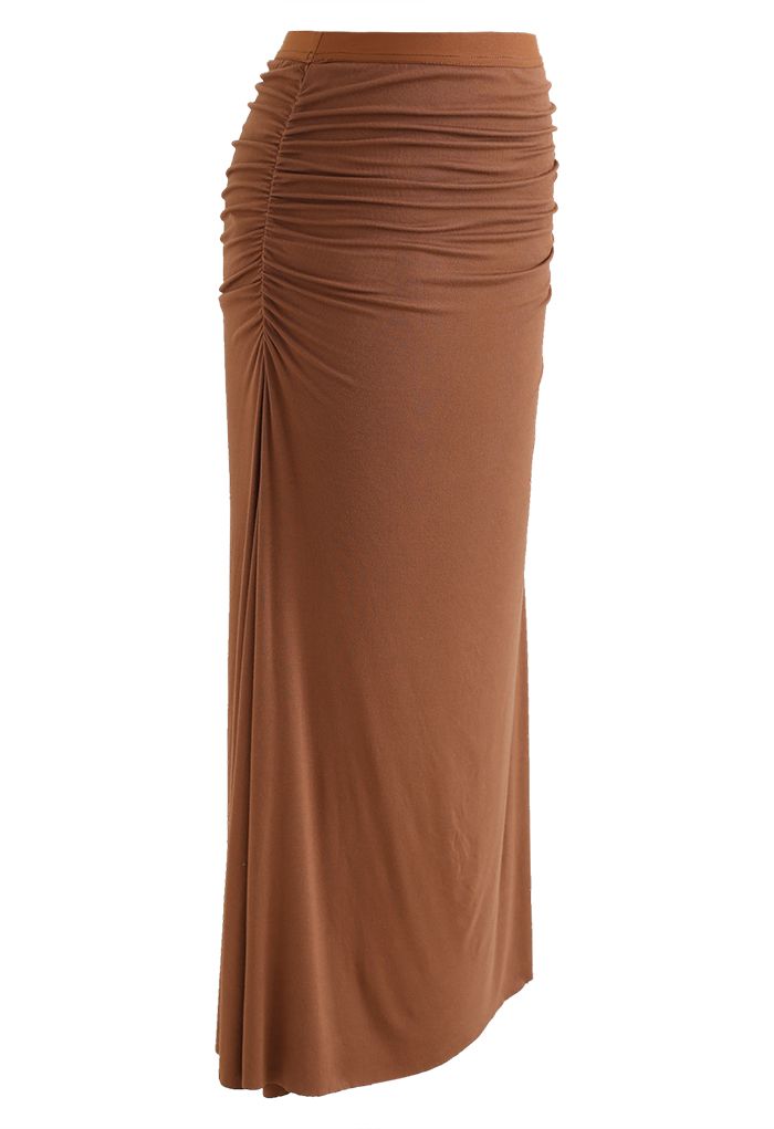 High Waist Ruched Detail Maxi Skirt in Caramel