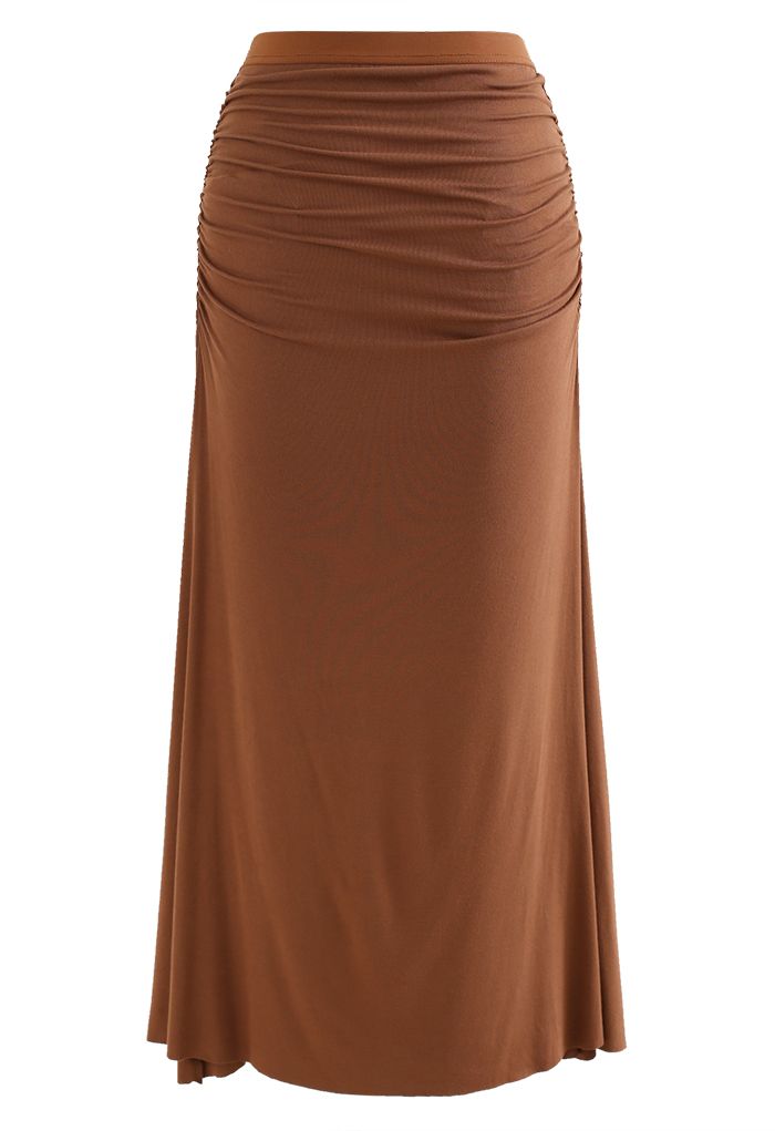 High Waist Ruched Detail Maxi Skirt in Caramel