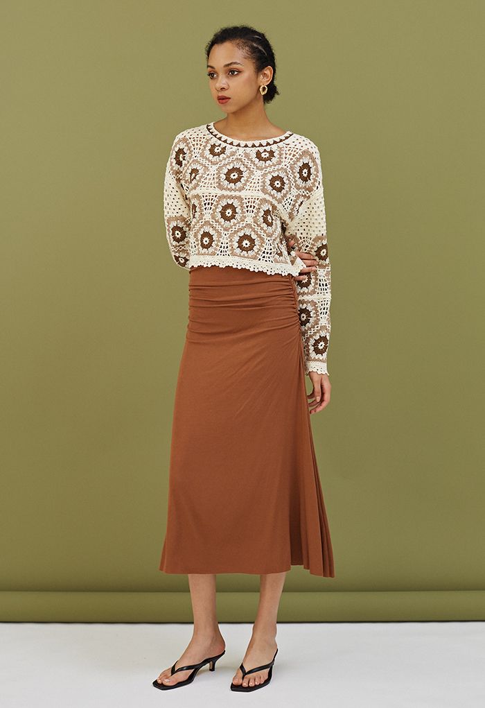 High Waist Ruched Detail Maxi Skirt in Caramel