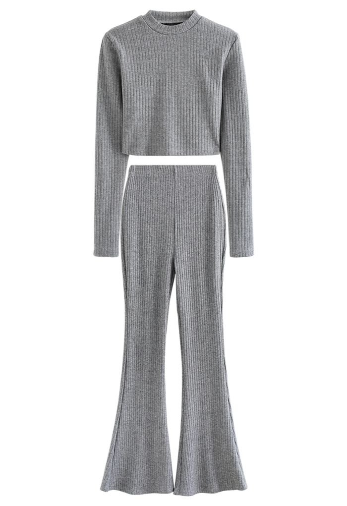 Trendy Soft Crop Top and Flare Pants Set in Grey