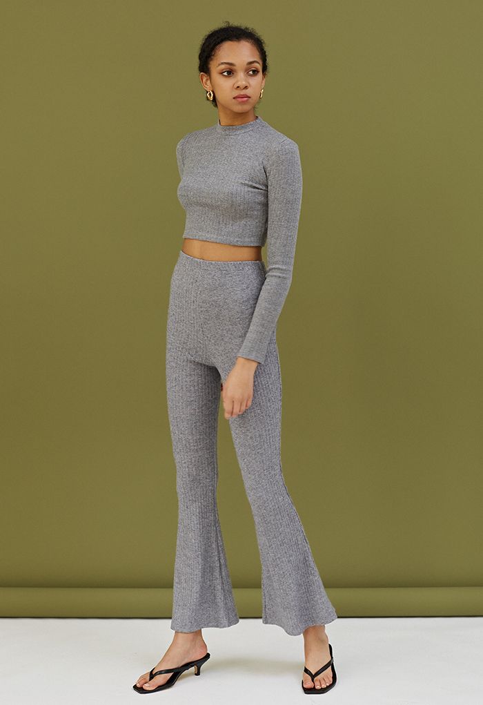 Trendy Soft Crop Top and Flare Pants Set in Grey