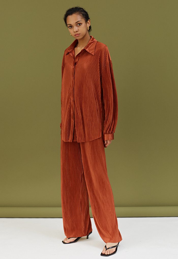 Full Pleated Plisse Shirt and Pants Set in Pumpkin