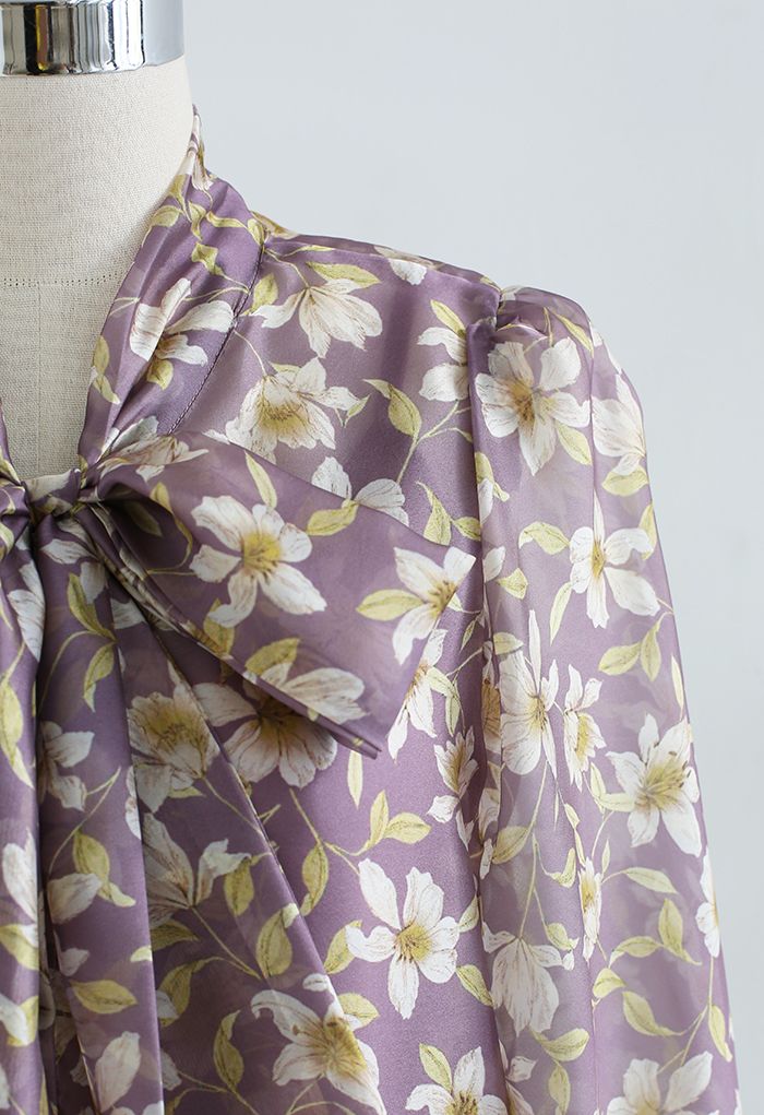 Floral Semi-Sheer Bowknot Shirt in Purple