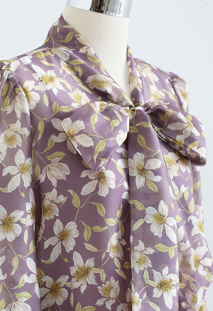 Floral Semi-Sheer Bowknot Shirt in Purple