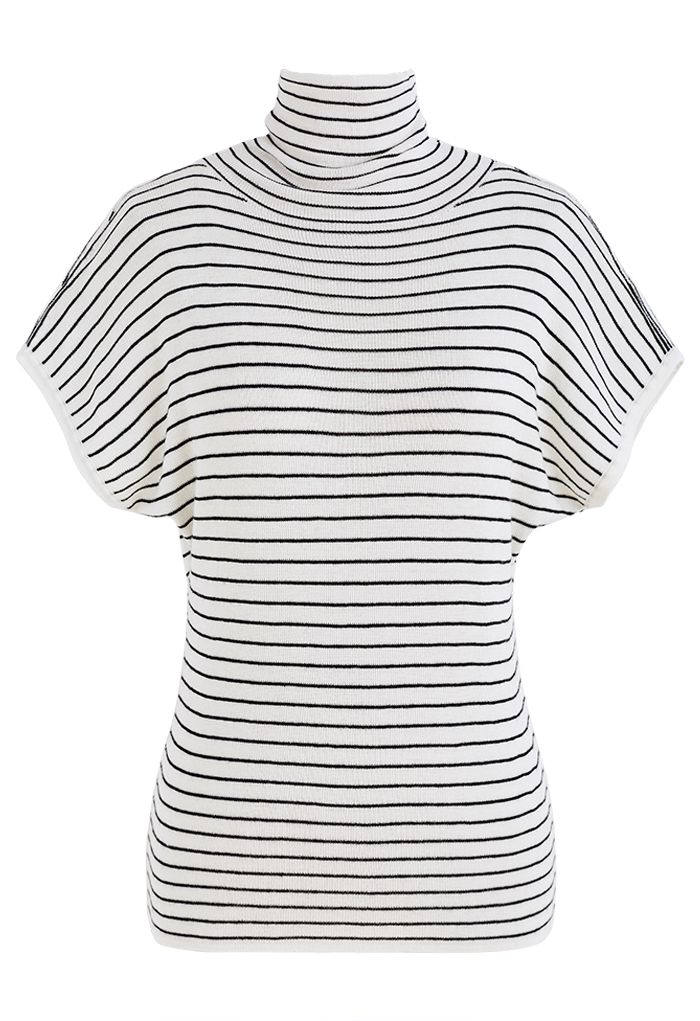 Simple Stripe High Neck Knit Top in White