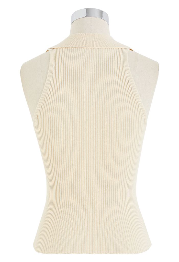 Turn-Down Collar Knit Tank Top in Cream