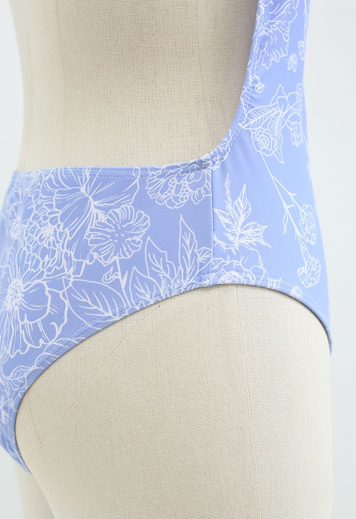 Floral Sketch Open Back Swimsuit in Blue