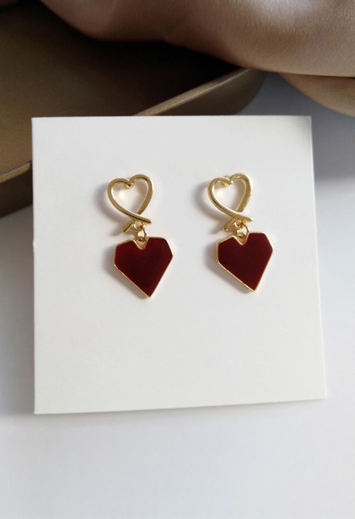 Scarlet Red Heart Shape Drop Earrings