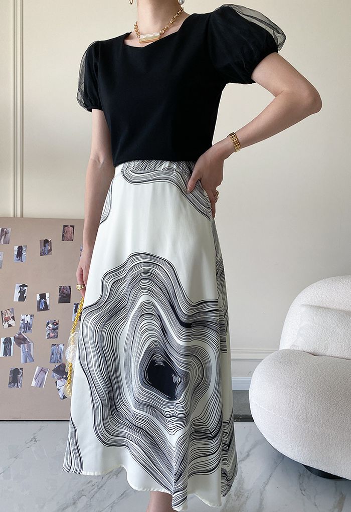 Abstract Printed A-Line Midi Skirt in White