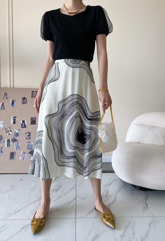 Abstract Printed A-Line Midi Skirt in White