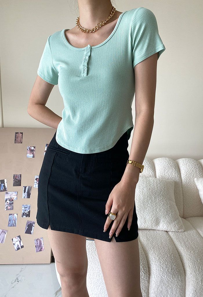 Buttoned Neck Ribbed Crop Top in Mint