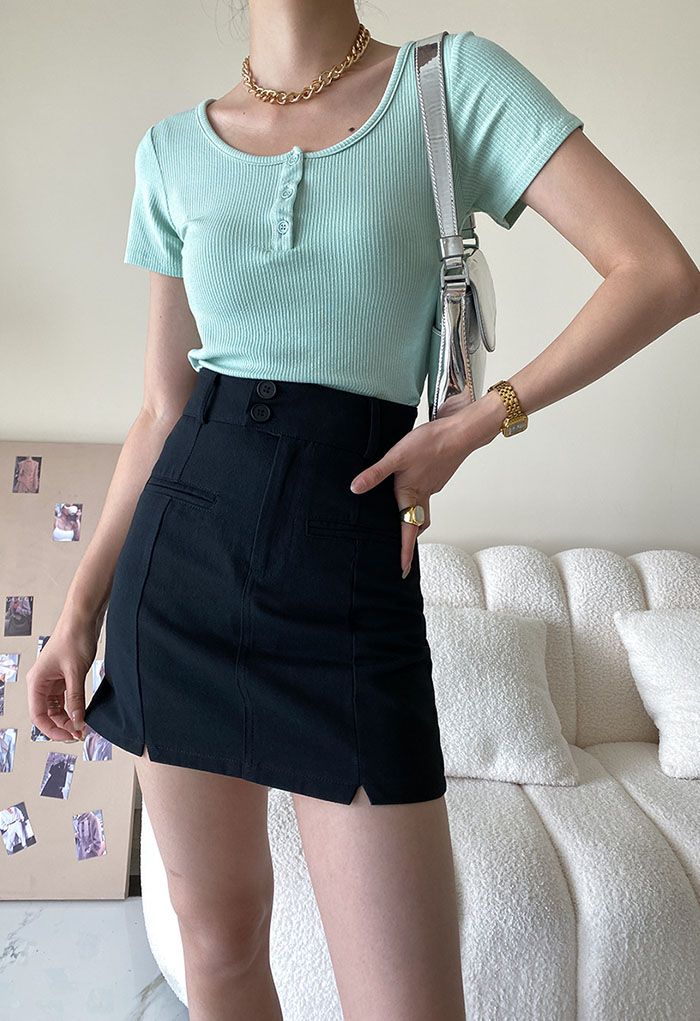 Buttoned Neck Ribbed Crop Top in Mint