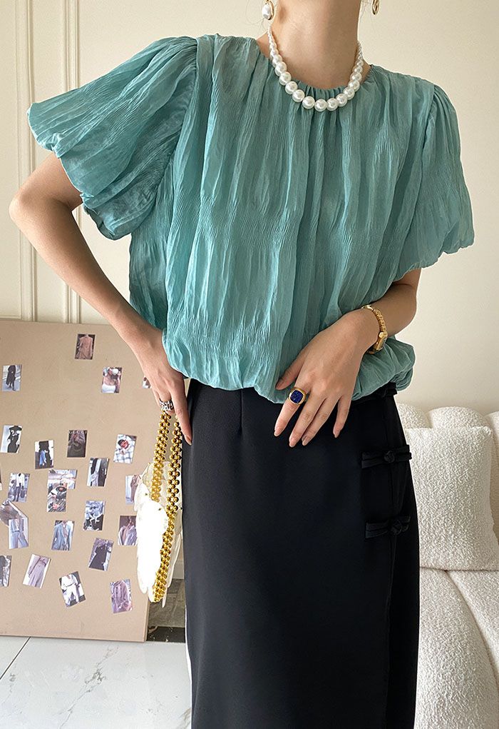 Ruched Detail Puff Sleeve Top in Teal