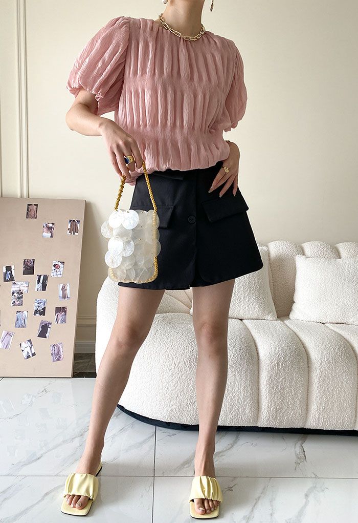 Ruched Detail Puff Sleeve Top in Pink