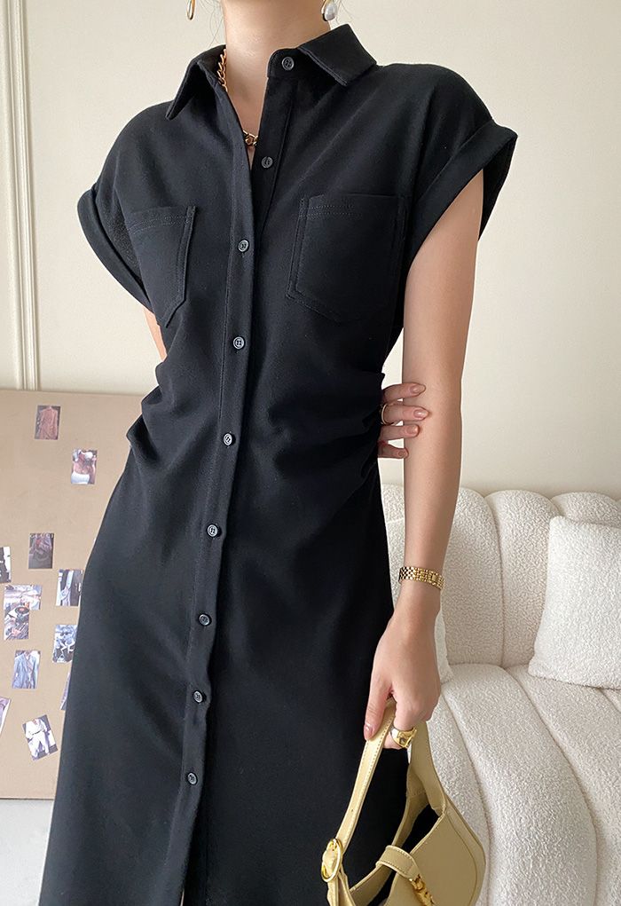 Button Down Ruched Side Polo Dress in Black